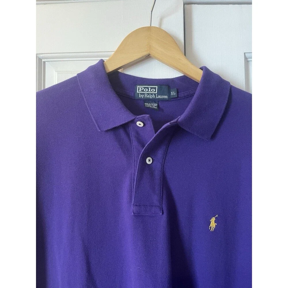 90s Polo Ralph Lauren Pique Polo Shirt Purple Yellow Pony Men's XL USA Vintage